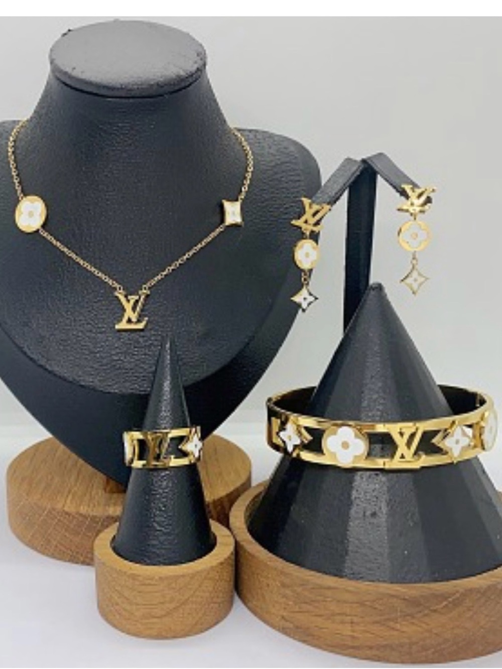 Luxury Gold-Tone Necklace, Bracelet, Earrings & Ring Set with White Accents
